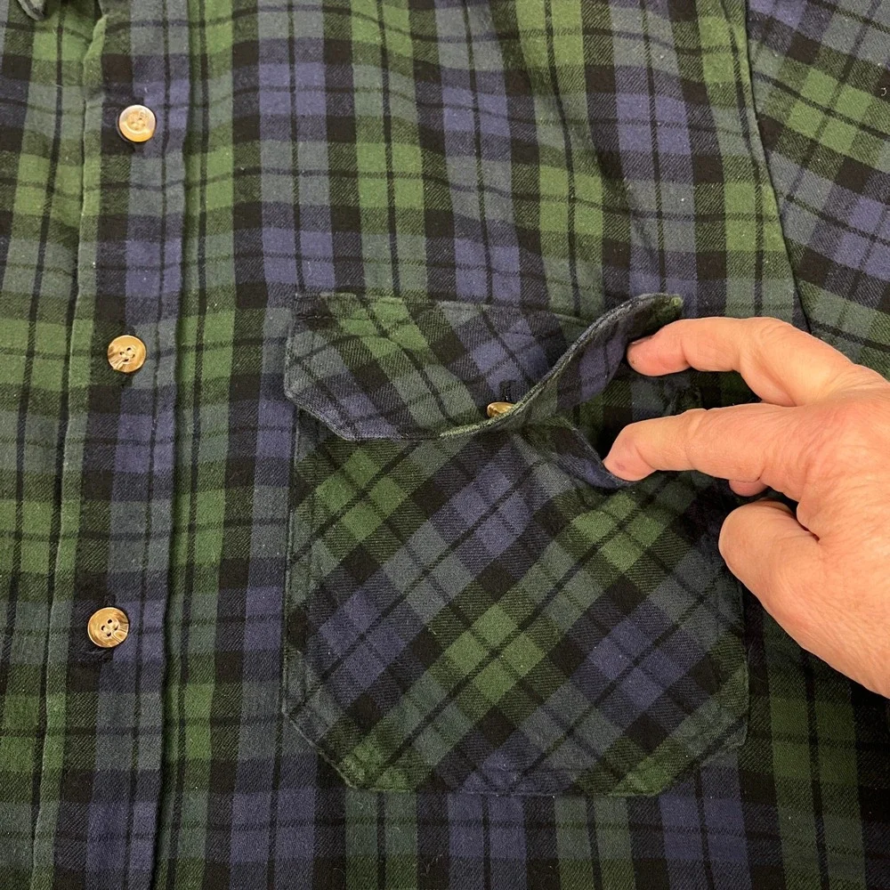 Woolrich Button Down Flannel Mens Medium Green Blue Plaid Quilted Lining Shacket - Picture 5 of 9
